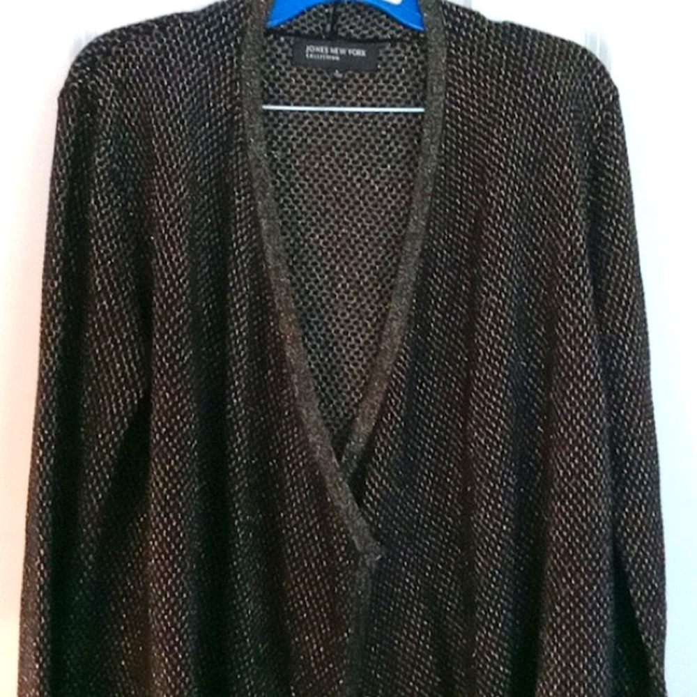 Jones New York Shimmering Black And Gold Open Cardigan